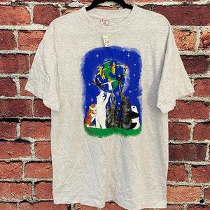 Vintage Shirt Men Large L Grey Multi Cultural Globe Animal Print New With Tag